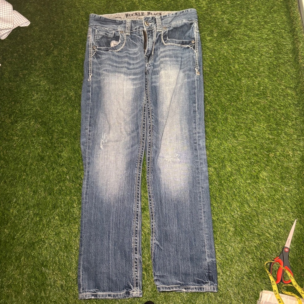 Buckle Black Label Three Fit Mens 30x30 Straight Leg Distressed Blue Jeans 0136